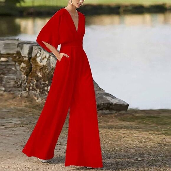 Pants - Dolman Sleeve Flowy Formal Jumpsuit - Red